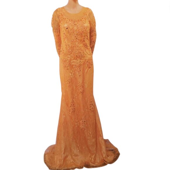 Luxury Peach Floral Appliqué A-Line Sparkly Evening Dress LA73185